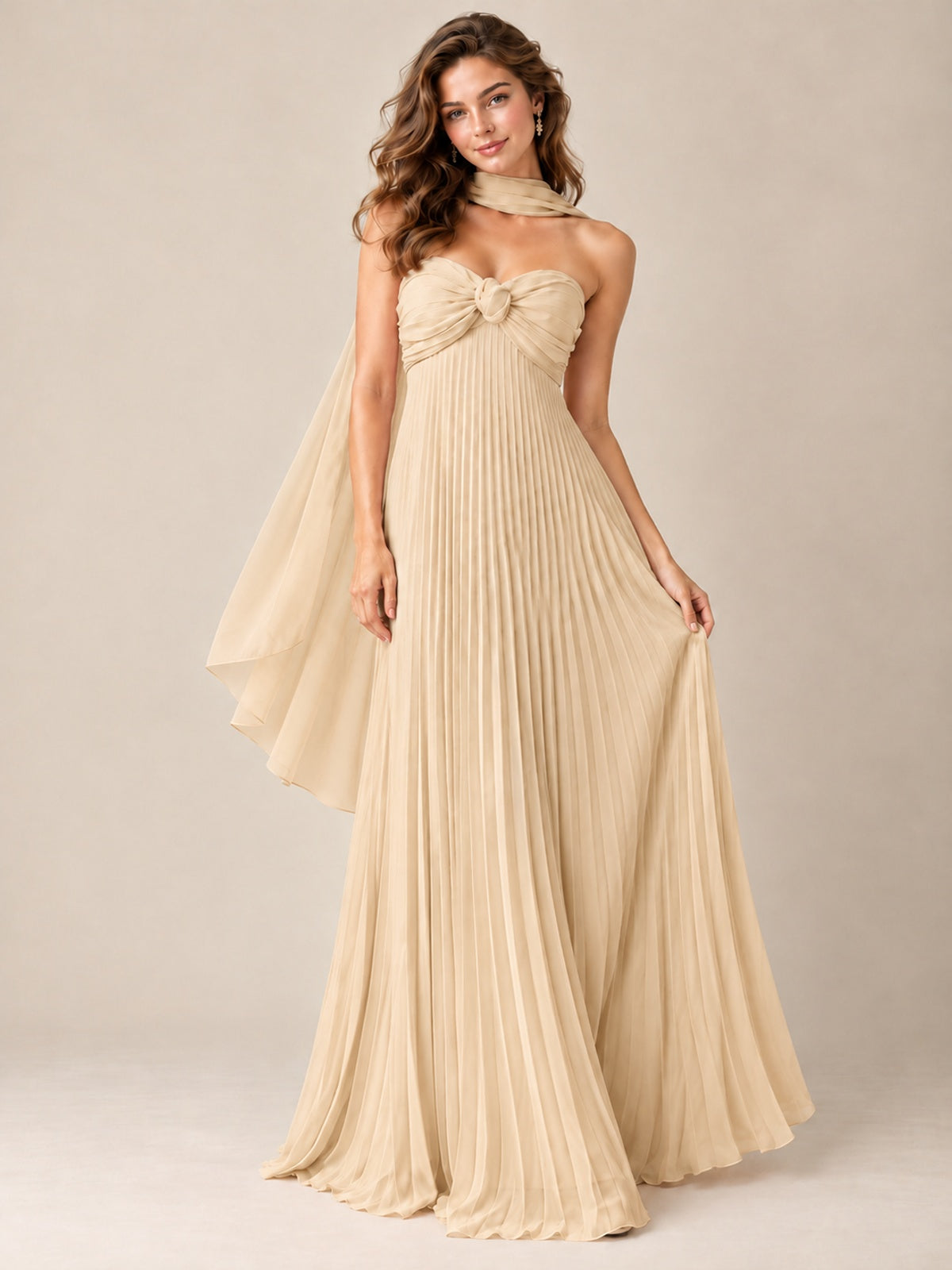 Sweetheart Neckline Pleated Prom Dress Strapless A-line Formal Dress with Flowy Scarf