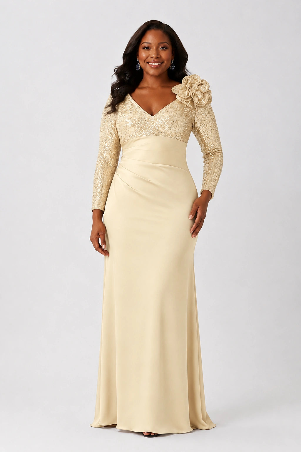 Sequin Mother of the Bride Dress with Long Sleeves 3D Floral V-Neck Gown