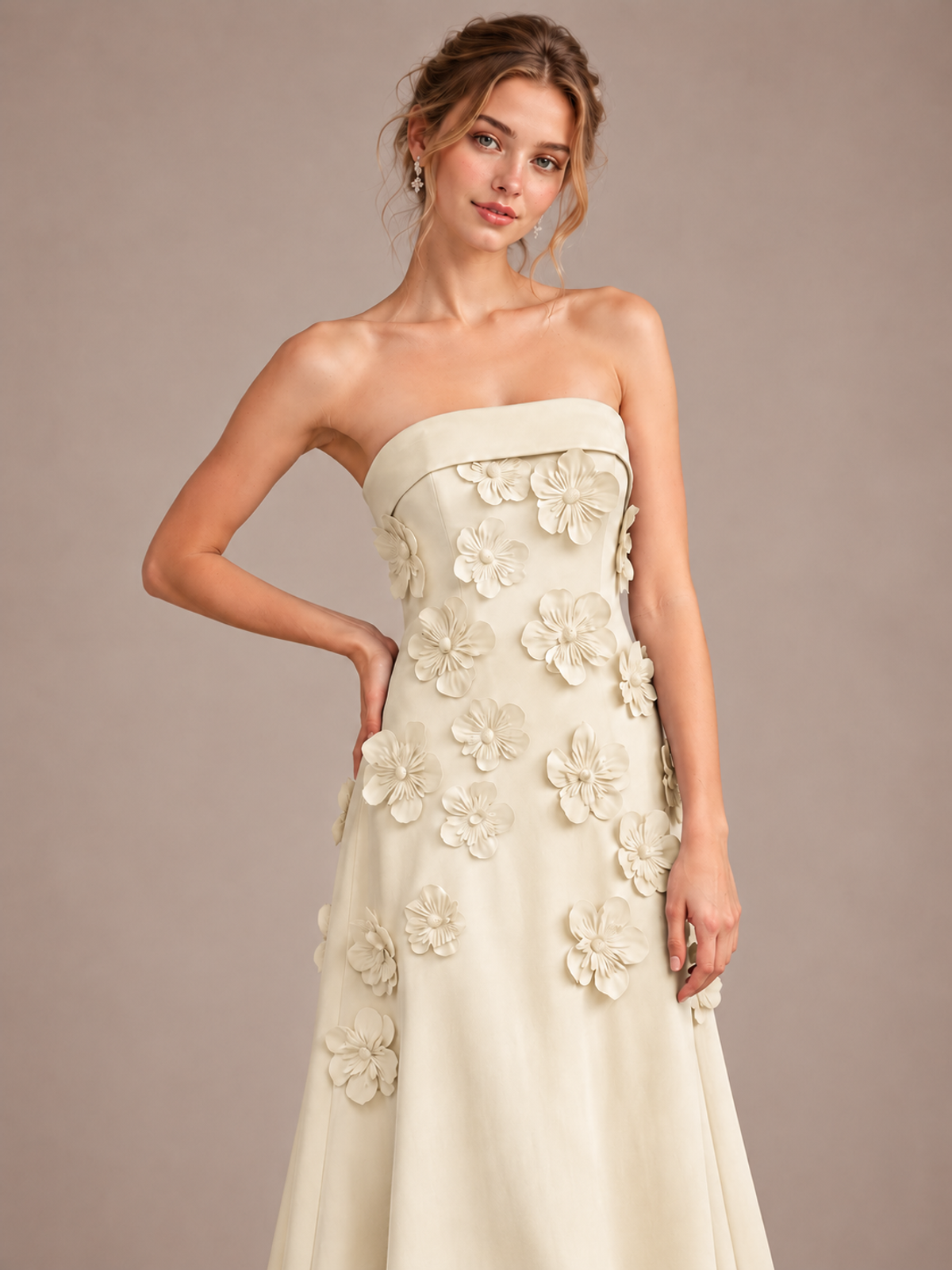 Yellow Strapless 3D Floral Appliques Maxi Dress