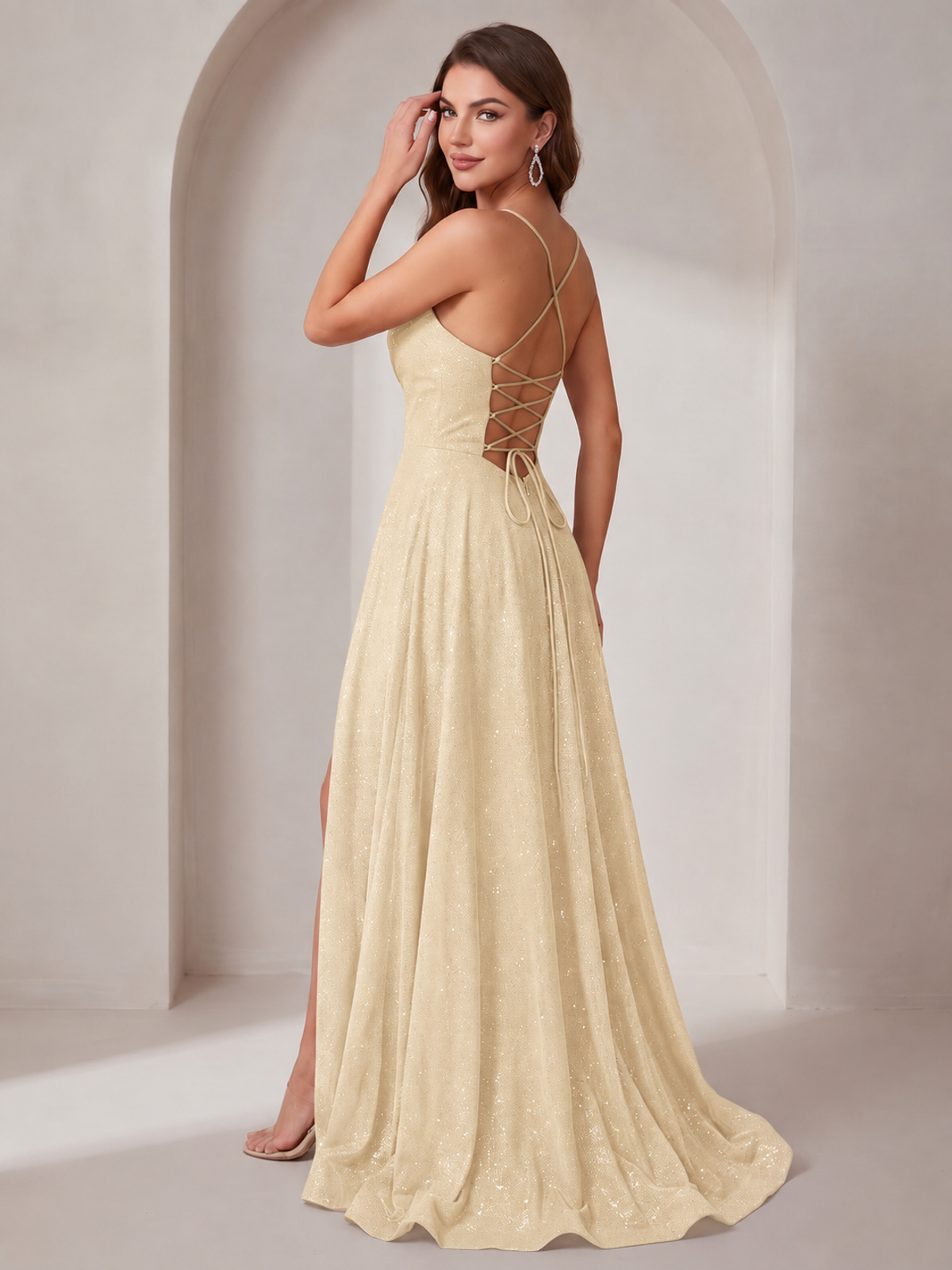 Sparkly Cowl Neck Corset Long Prom Dress with Slit A-line Tulle Ball Gown