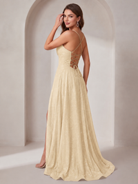 Sparkly Cowl Neck Corset Long Prom Dress with Slit A-line Tulle Ball Gown