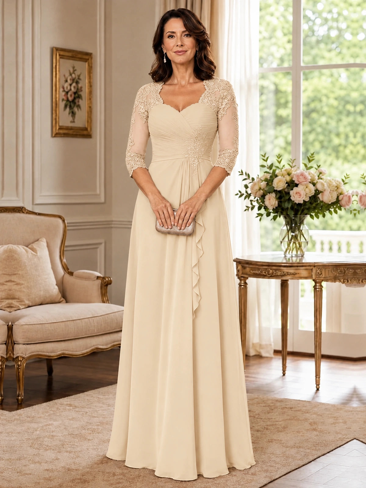 Chiffon Lace Applique Mother of the Bride Dress with 3/4 Sleeves
