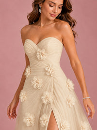 3D Floral Applique Strapless Tulle Prom Dress with High Slit