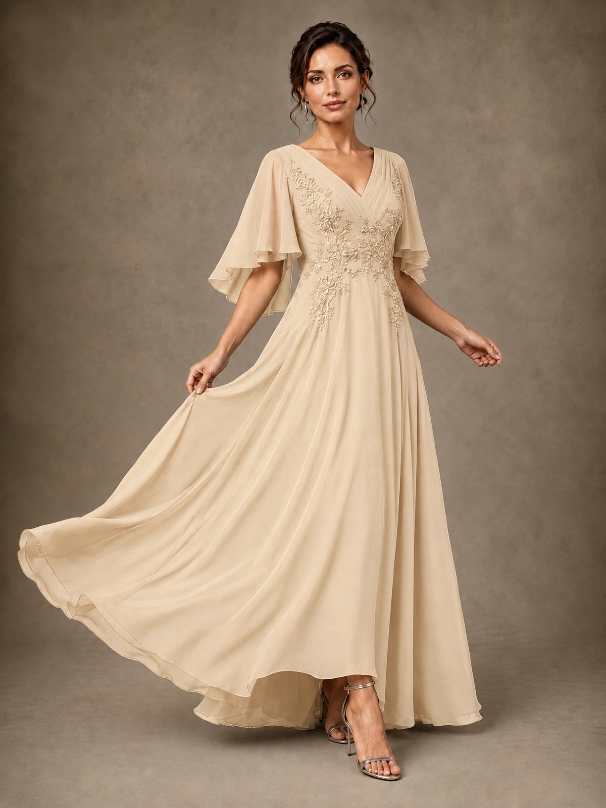 V-Neck Chiffon Lace Mother of the Bride Dress with Flutter Sleeves