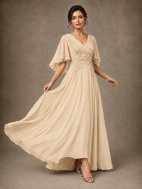 V-Neck Chiffon Lace Mother of the Bride Dress with Flutter Sleeves
