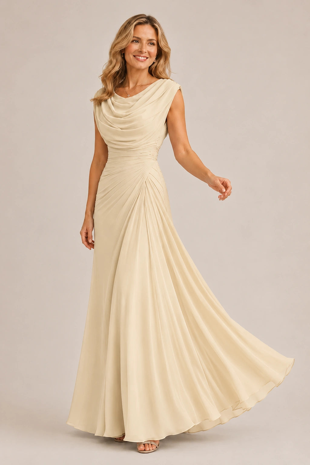 Cowl Neck Ruched Chiffon Mother of the Bride Dress