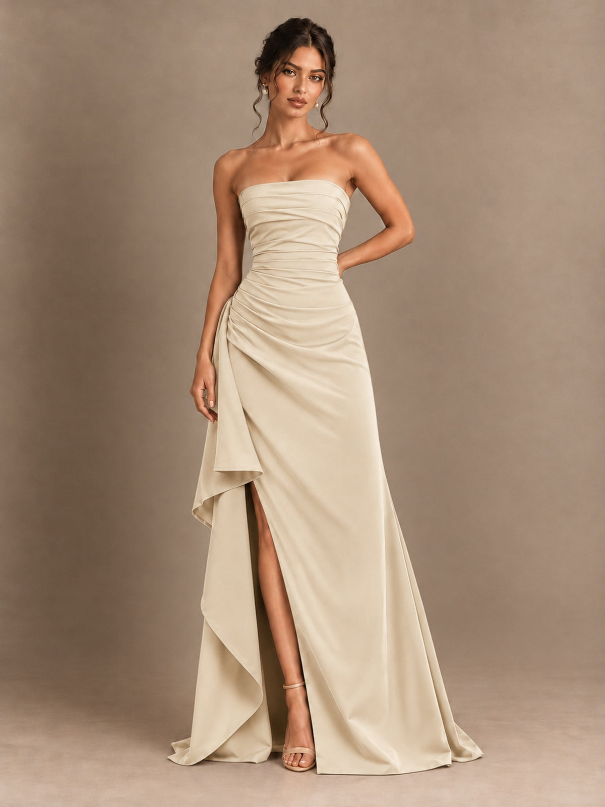 Black and White Strapless Ruched Prom Dress with High Slit & Side Drape