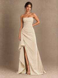 Black and White Strapless Ruched Prom Dress with High Slit & Side Drape