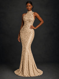 Sparkly Sequin High Neck Mermaid Prom Dress