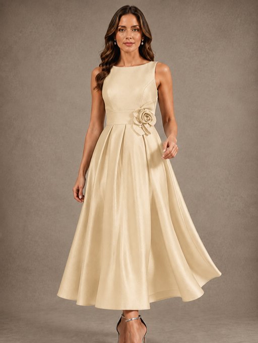 Tea-Length Satin Mother of the Bride Dress with 3D Flower Detail
