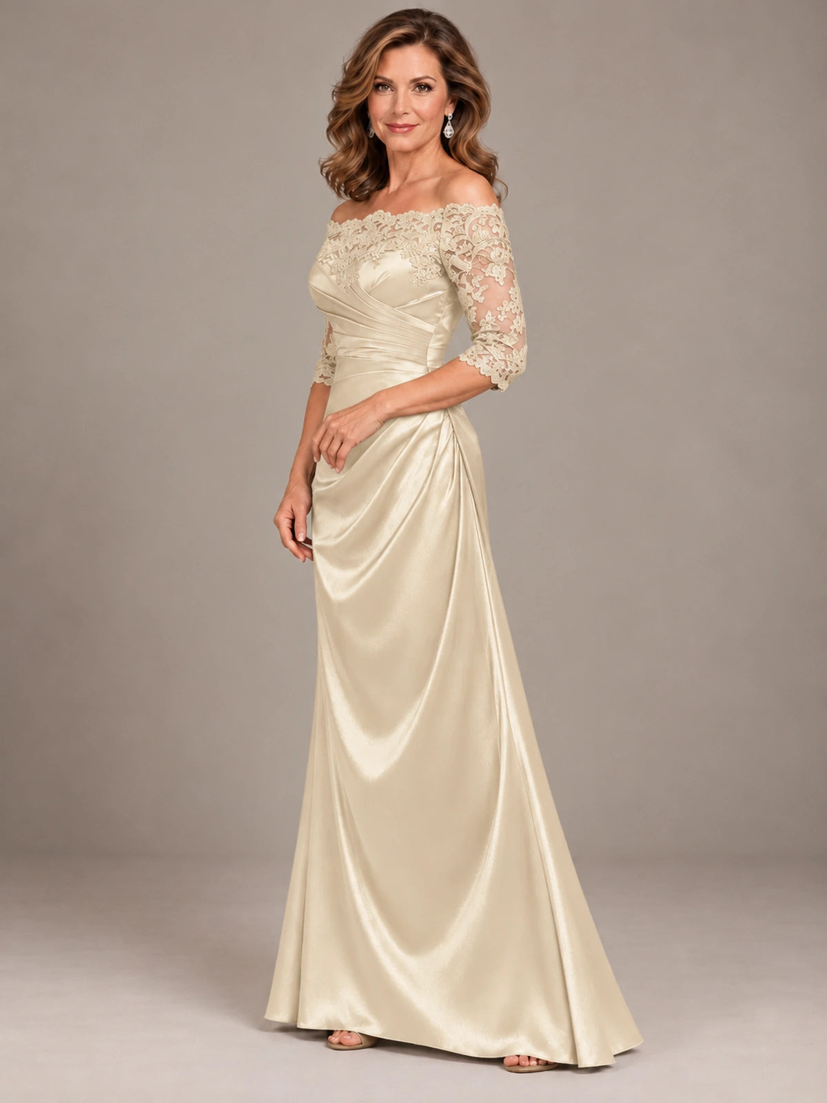 Satin Mother of the Bride Dress with Lace Sleeves Off Shoulder Formal Gown