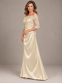 Satin Mother of the Bride Dress with Lace Sleeves Off Shoulder Formal Gown