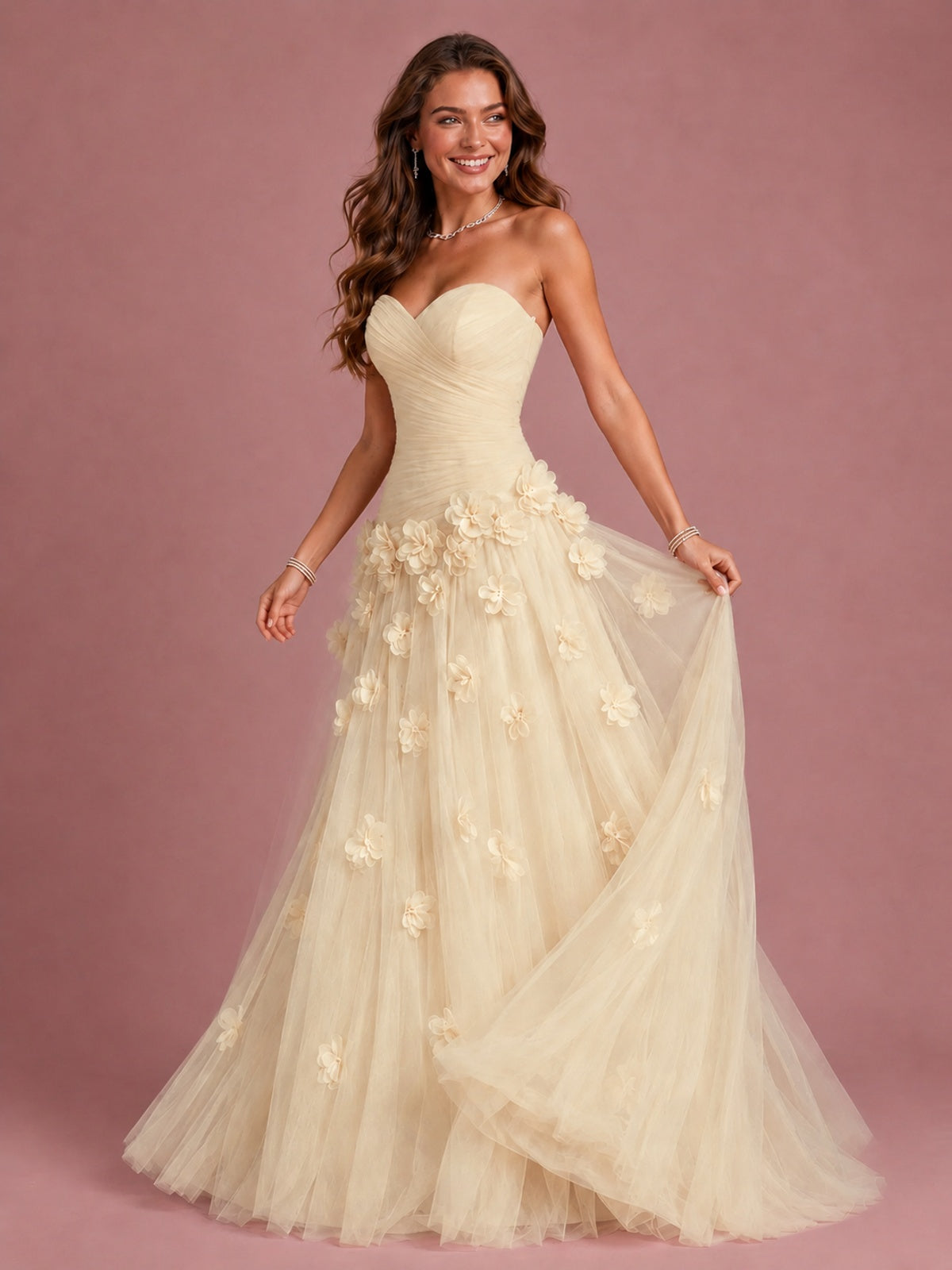 Blush Pink Strapless Sweetheart 3D Floral Tulle Ball Gown Prom Dres