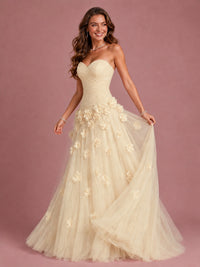Blush Pink Strapless Sweetheart 3D Floral Tulle Ball Gown Prom Dres