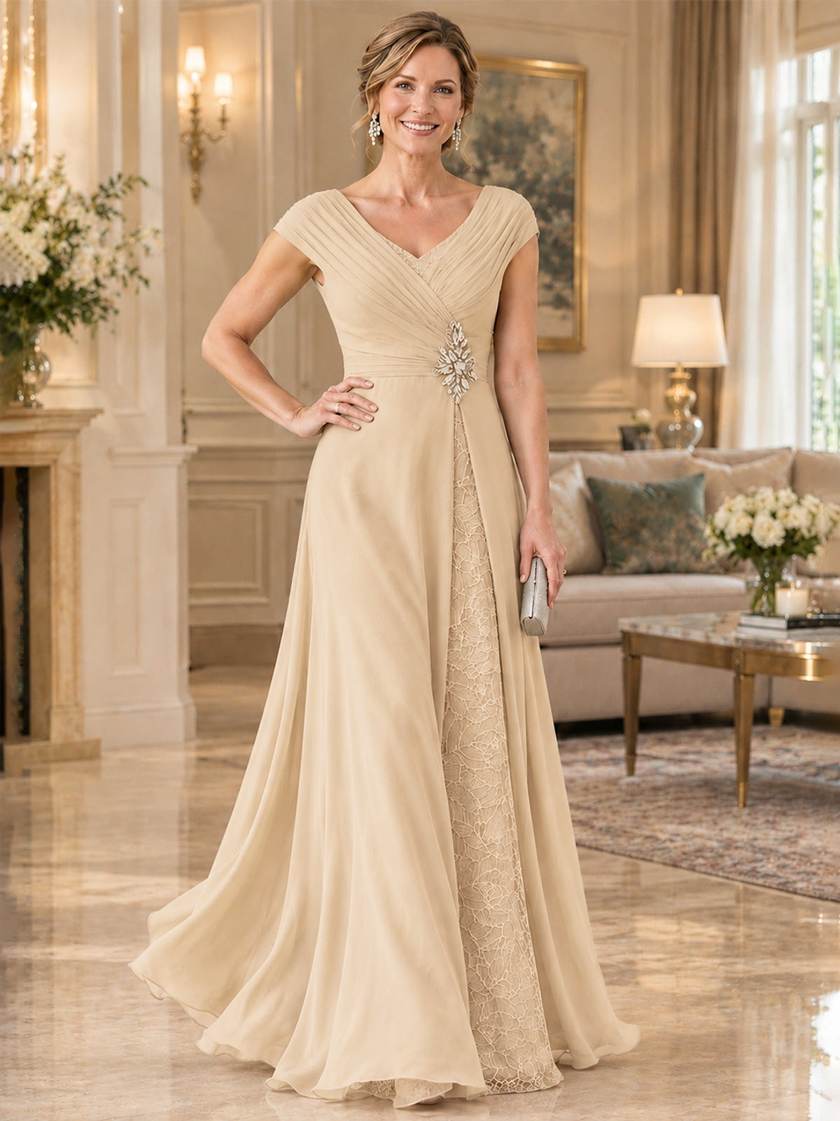 Pleated Chiffon Lace Mother of The Bride Dresses with Beading Cap Sleeves
