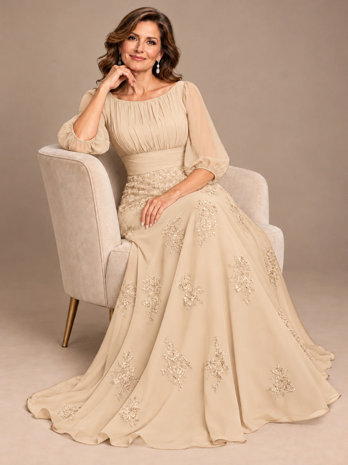 A-Line Mother of the Bride Dress with Sheer Puff Sleeves