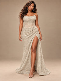 Gold Sequin Strapless Corset Prom Dress with High Slit