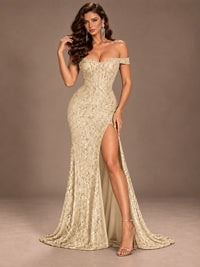 Off the Shoulder Corset Sequin Mermaid Prom Dress with Slit