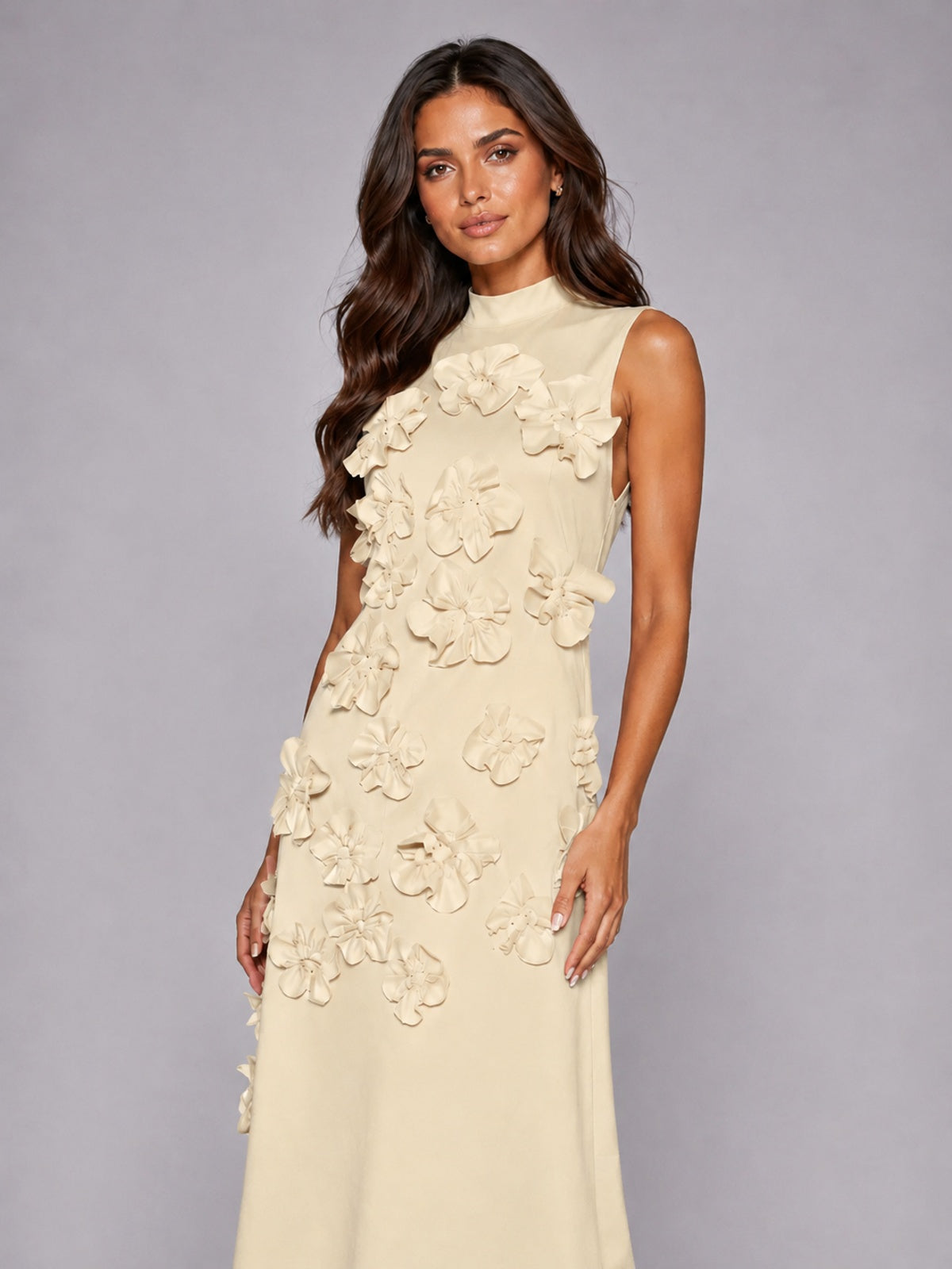 3D Floral Applique High Neck Prom Maxi Dress