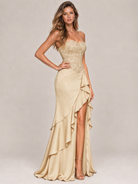 Strapless Lace Appliques Corset Satin Prom Dress Ruffle Slit Evening Gown