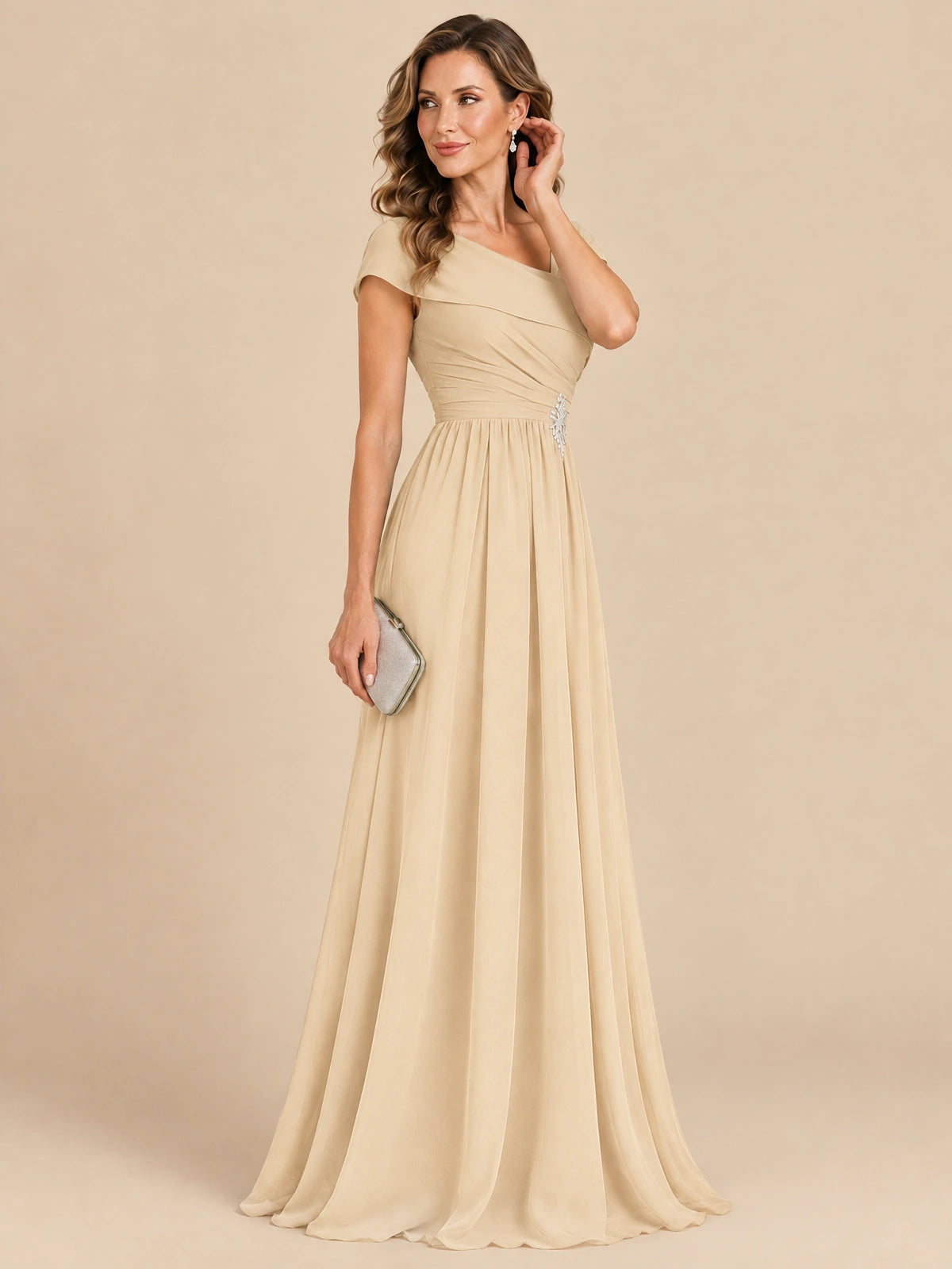 Cap Sleeve Mother of The Bride Dresses Long Chiffon Formal Gowns