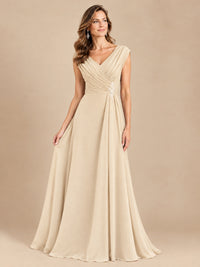 V Neck Pleated Mother of The Bride Dresses with Beading Cap Sleeves