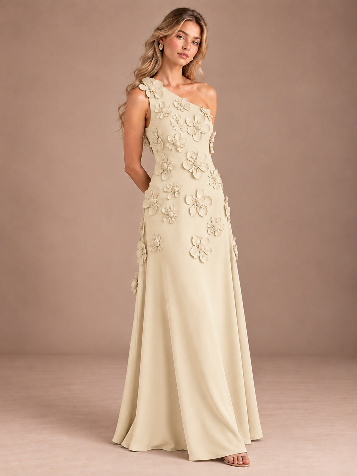Sage Green One Shoulder Satin Formal Maxi Dress with 3D Floral