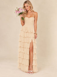 Ruffled Tiered Chiffon Prom Dress Spaghetti Straps Formal Maxi Dress with Slit
