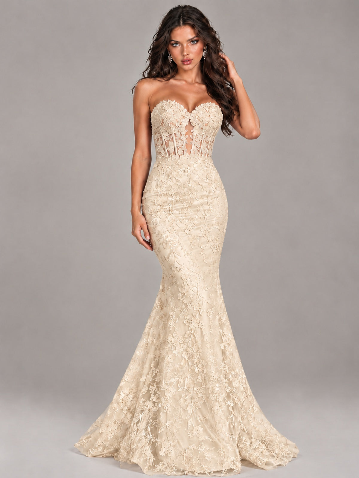 Strapless Corset Mermaid Prom Dress Lace Appliqué Formal Gown