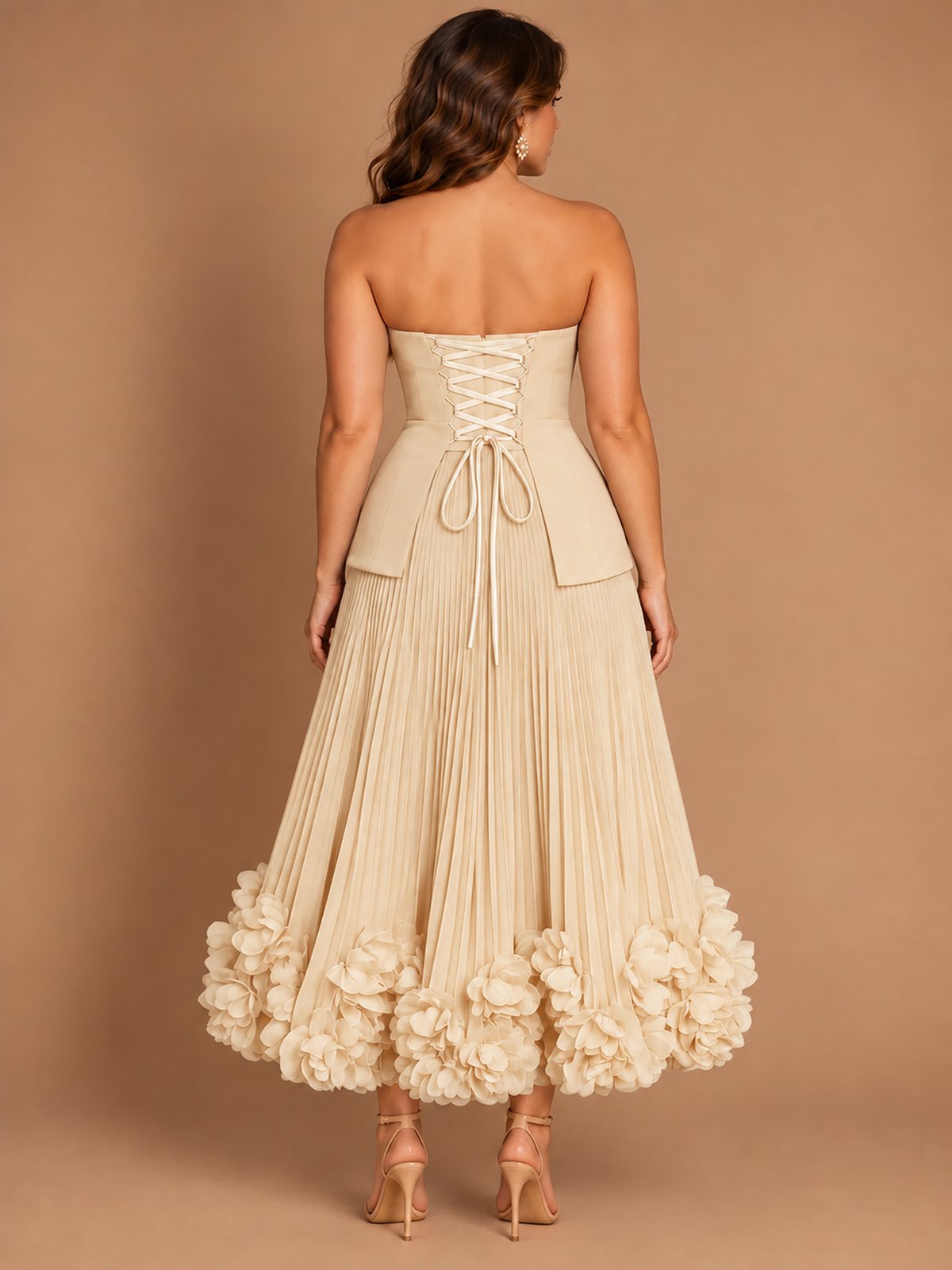 Navy Blue Strapless Pleated A-Line Midi Dress with 3D Floral Applique