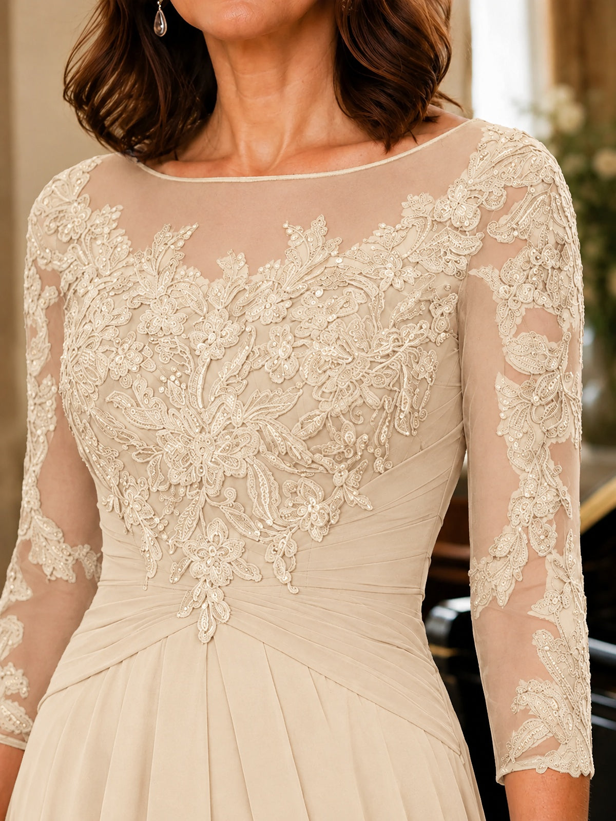 A-Line Chiffon Mother of the Bride Dress with Floral Applique 3/4 Sleeves