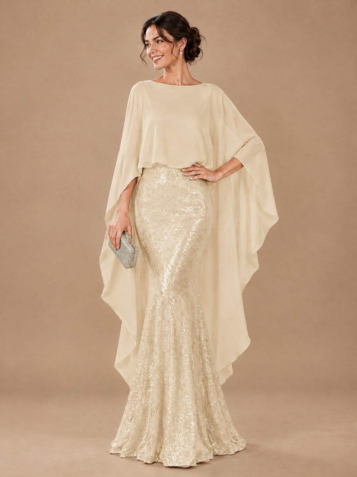 Sequin 2 Pieces Mother of the Bride Dress with Cap Sleeves Chiffon Formal Gowns