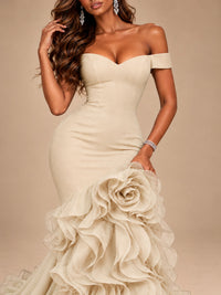 Dusty Blue Off-the-Shoulder Mermaid Prom Dress with 3D Rose & Ruffles