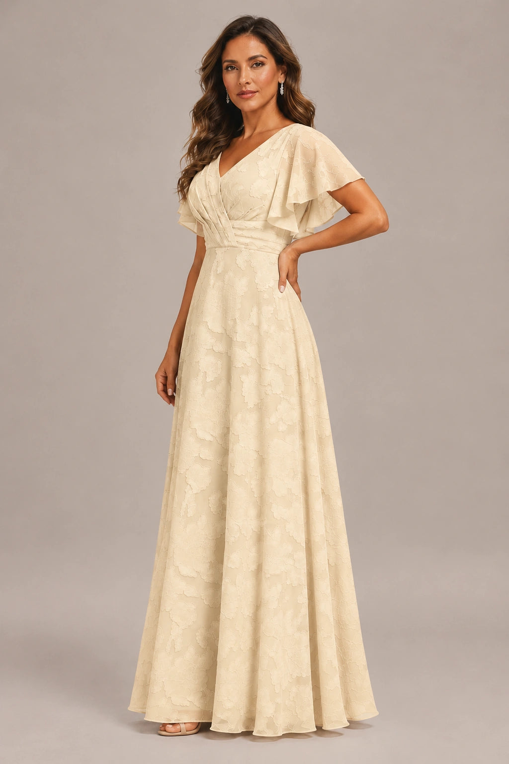 Jovellee Floral Chiffon A-Line Mother of the Bride Dress with Flutter Sleeves