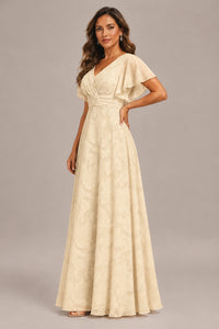Jovellee Floral Chiffon A-Line Mother of the Bride Dress with Flutter Sleeves