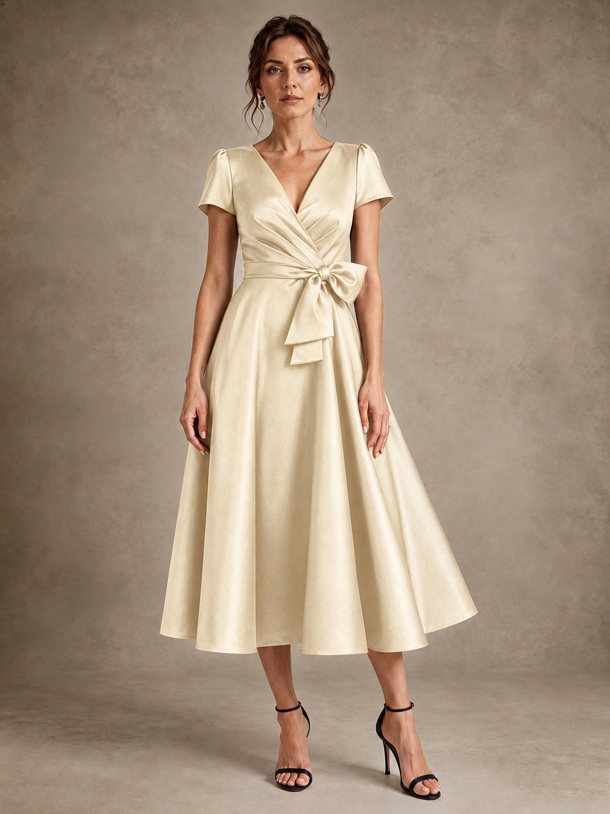 Champagne V-Neck Tea-Length Satin Mother of the Bride Dress with Bow Jovellee