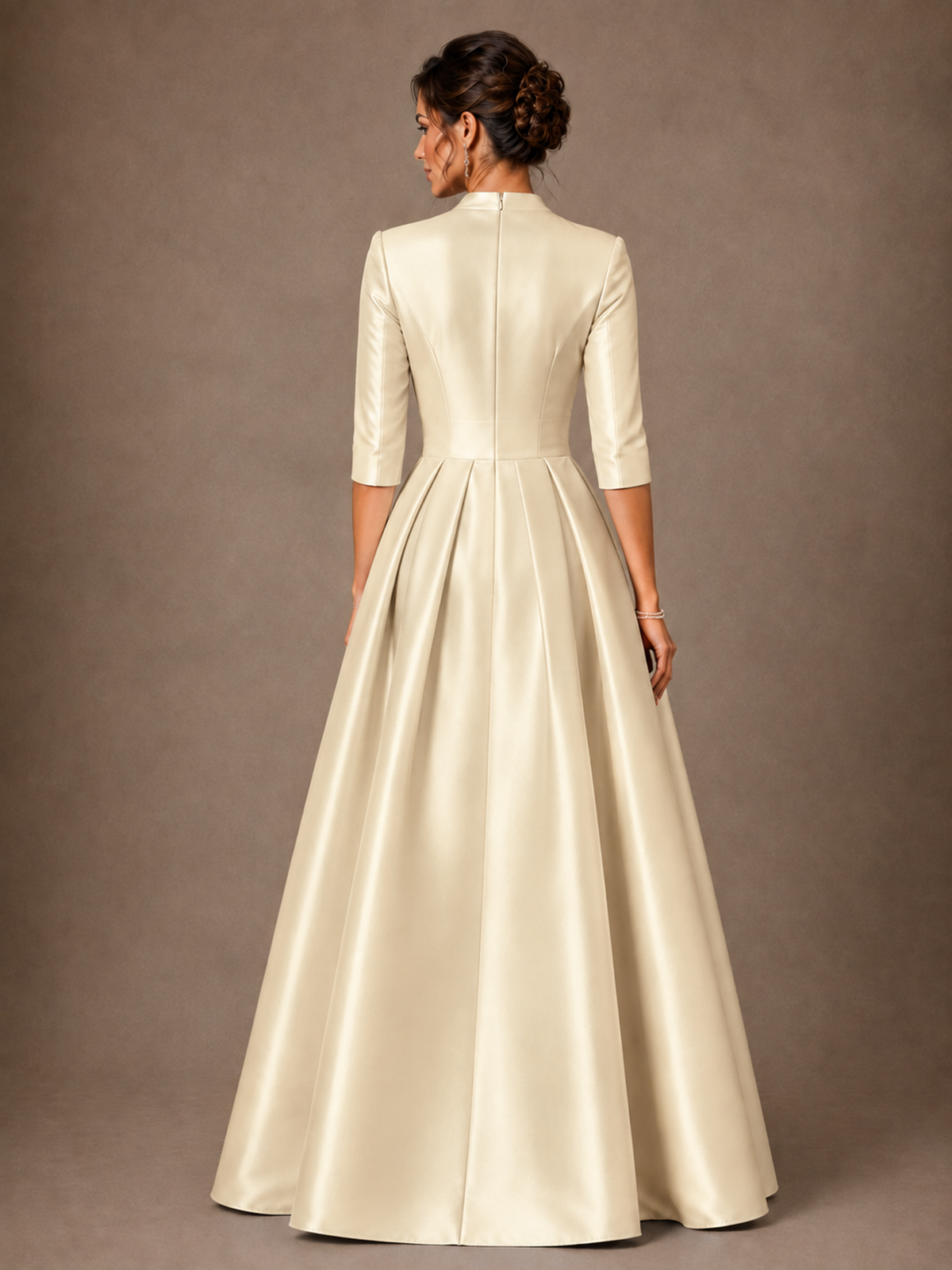 V-Neck Pleated Satin Mother of the Bride Gown with 3/4 Sleeves