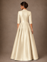 V-Neck Pleated Satin Mother of the Bride Gown with 3/4 Sleeves