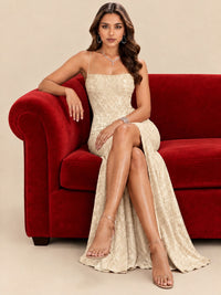 Sequin Lace Appliques Mermaid Prom Dress Spaghetti Strap Formal Gowns with Slit
