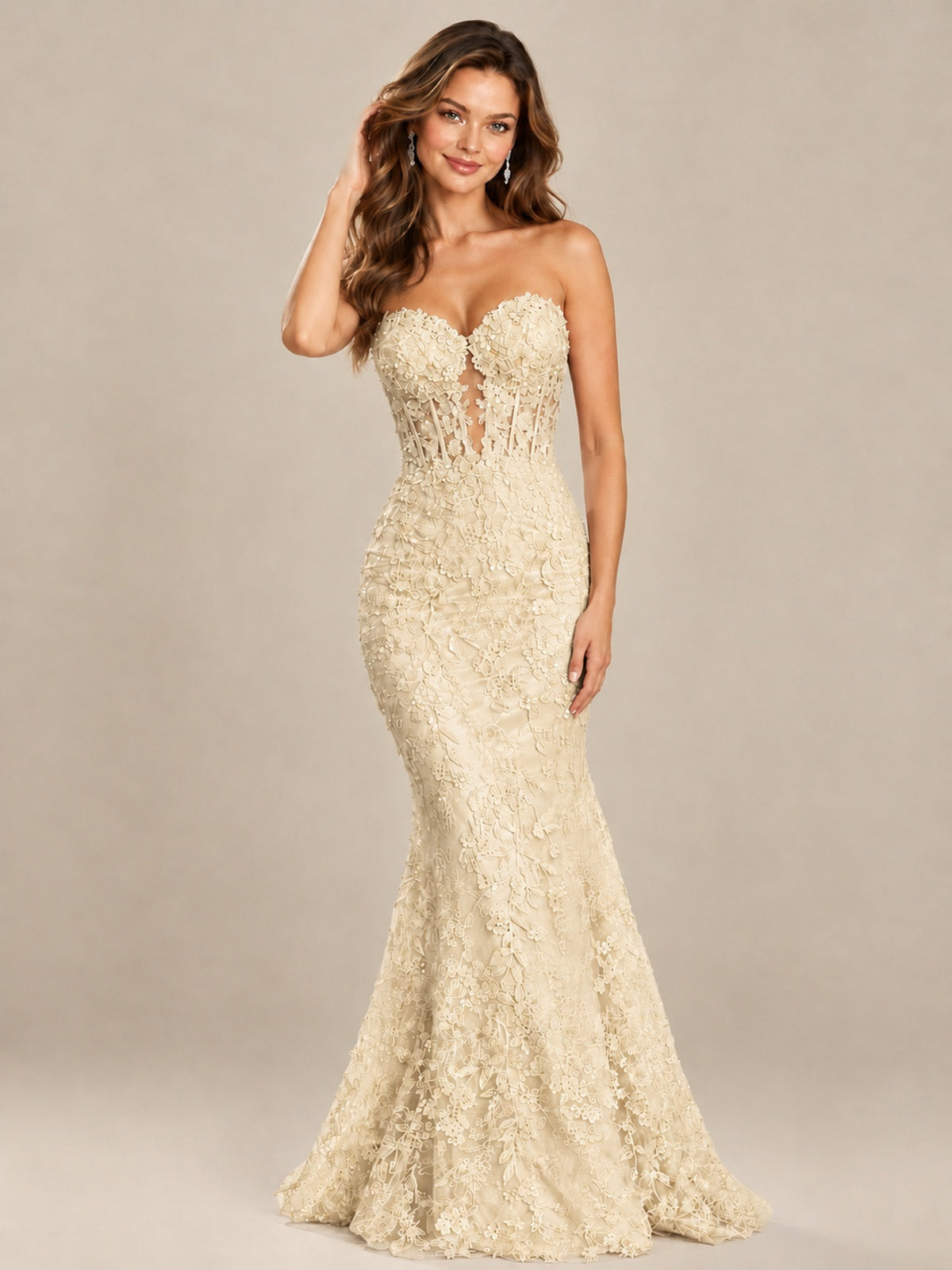 Strapless Corset Mermaid Prom Dress with Floral Lace Appliqué
