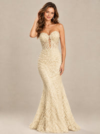 Strapless Corset Mermaid Prom Dress with Floral Lace Appliqué
