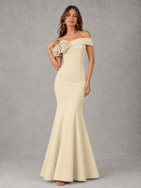 Blush Pink Off Shoulder Mermaid Bridesmaid Dress with Floral Rosette