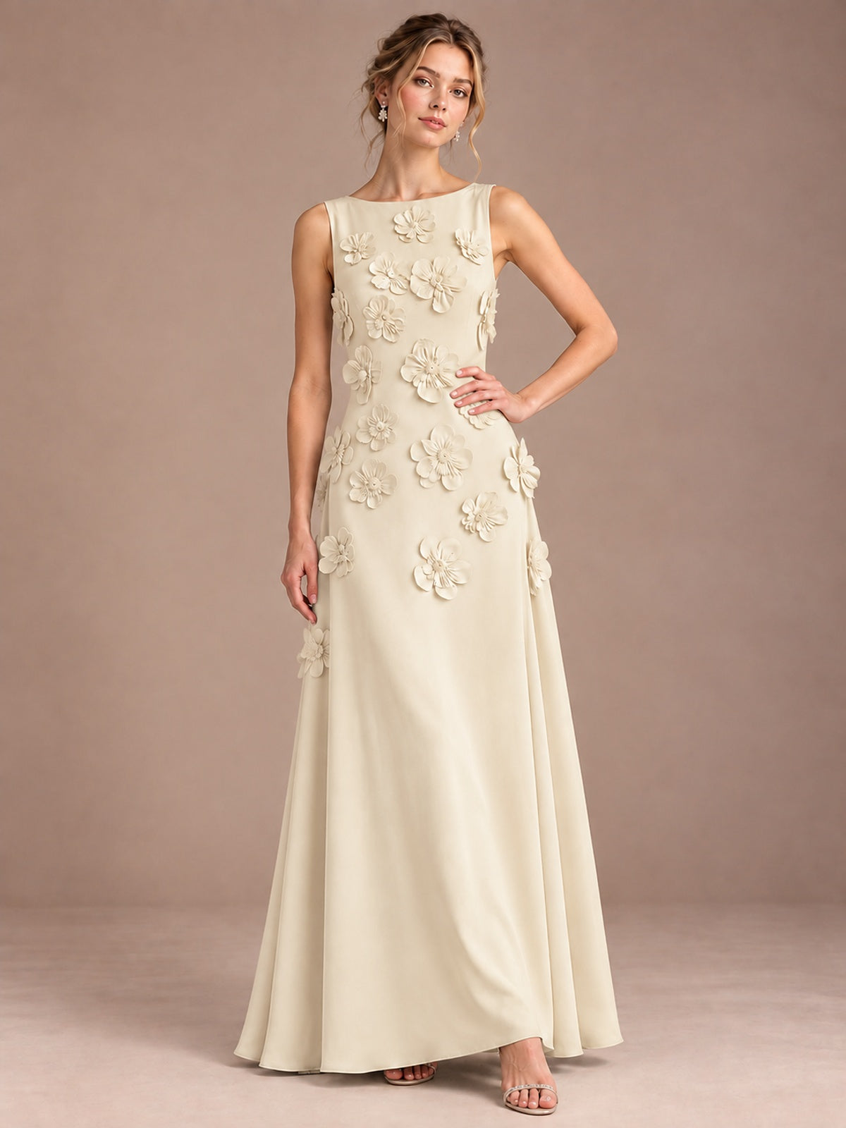 3D Floral Applique Sleeveless Formal Maxi Dress
