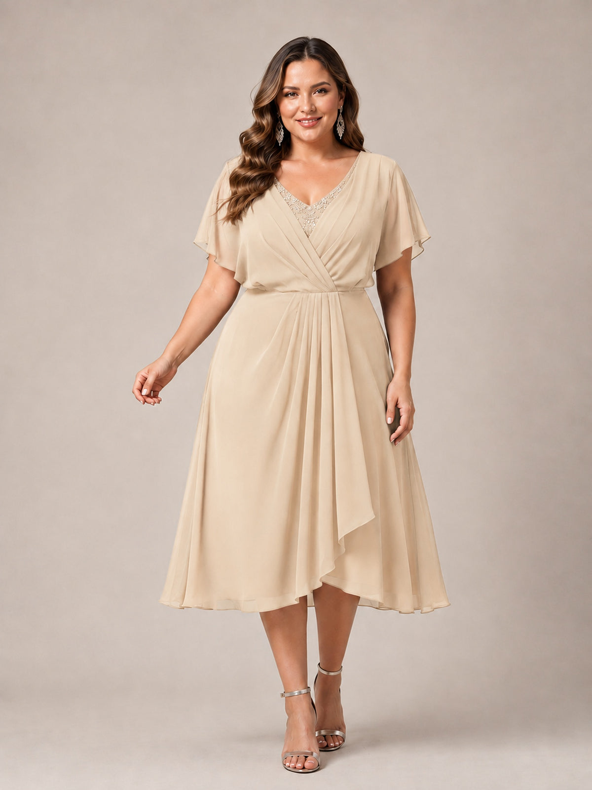 Navy Blue A-Line V-Neck Tea-Length Mother of the Bride Dress