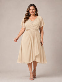 Navy Blue A-Line V-Neck Tea-Length Mother of the Bride Dress