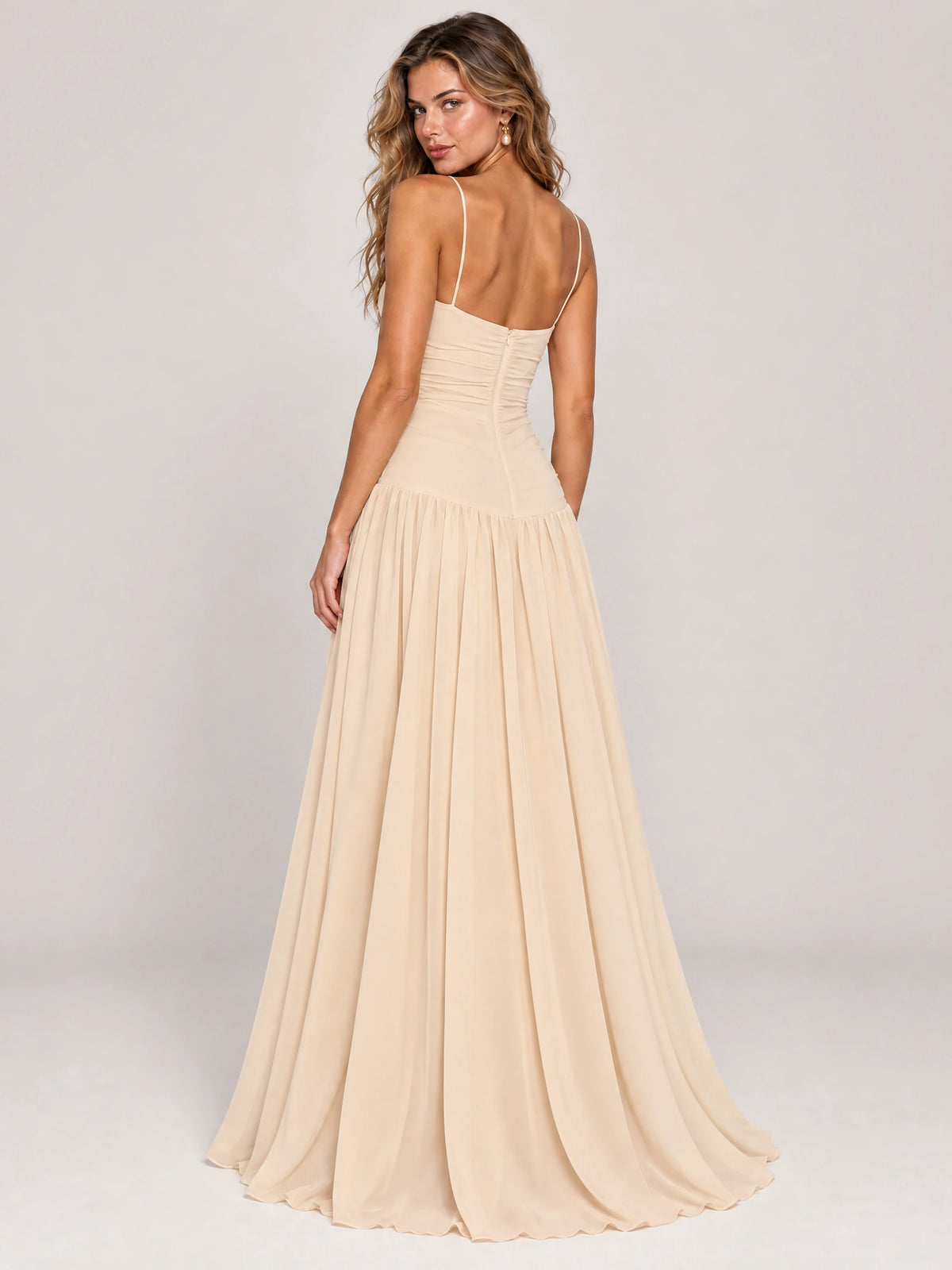 Butter Yellow Ruched Spaghetti Strap Drop-Waist Prom Dress