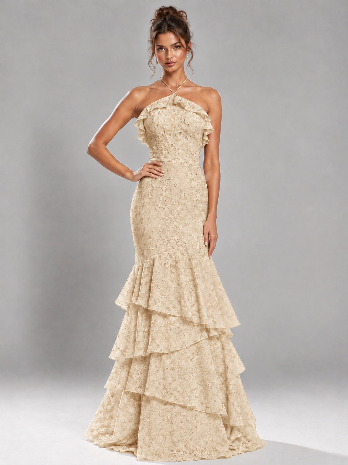 Halter Tiered Mermaid Prom Dress with Sparkly Lace
