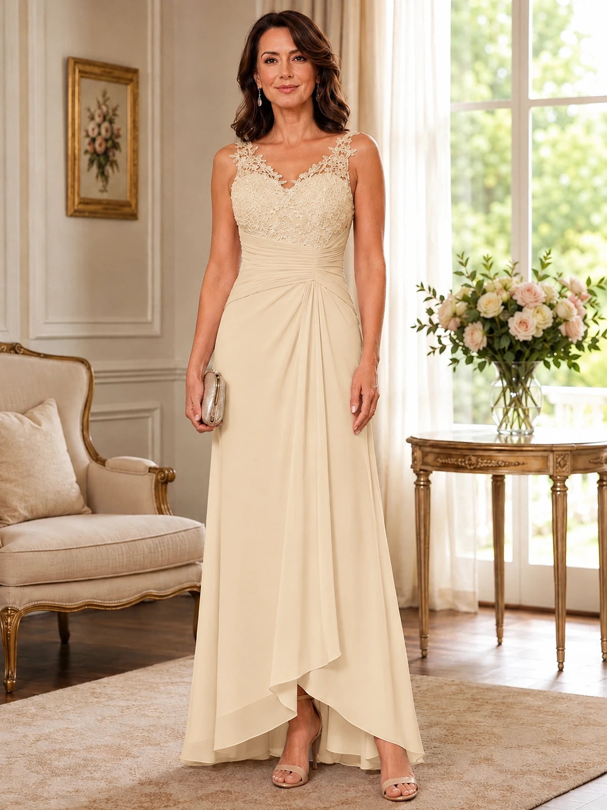 Elegant Chiffon Mother of the Bride Dress with Lace Applique and Cape Sleeves