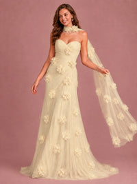 Blush Pink Strapless Sweetheart 3D Floral Tulle Mermaid Prom Dress