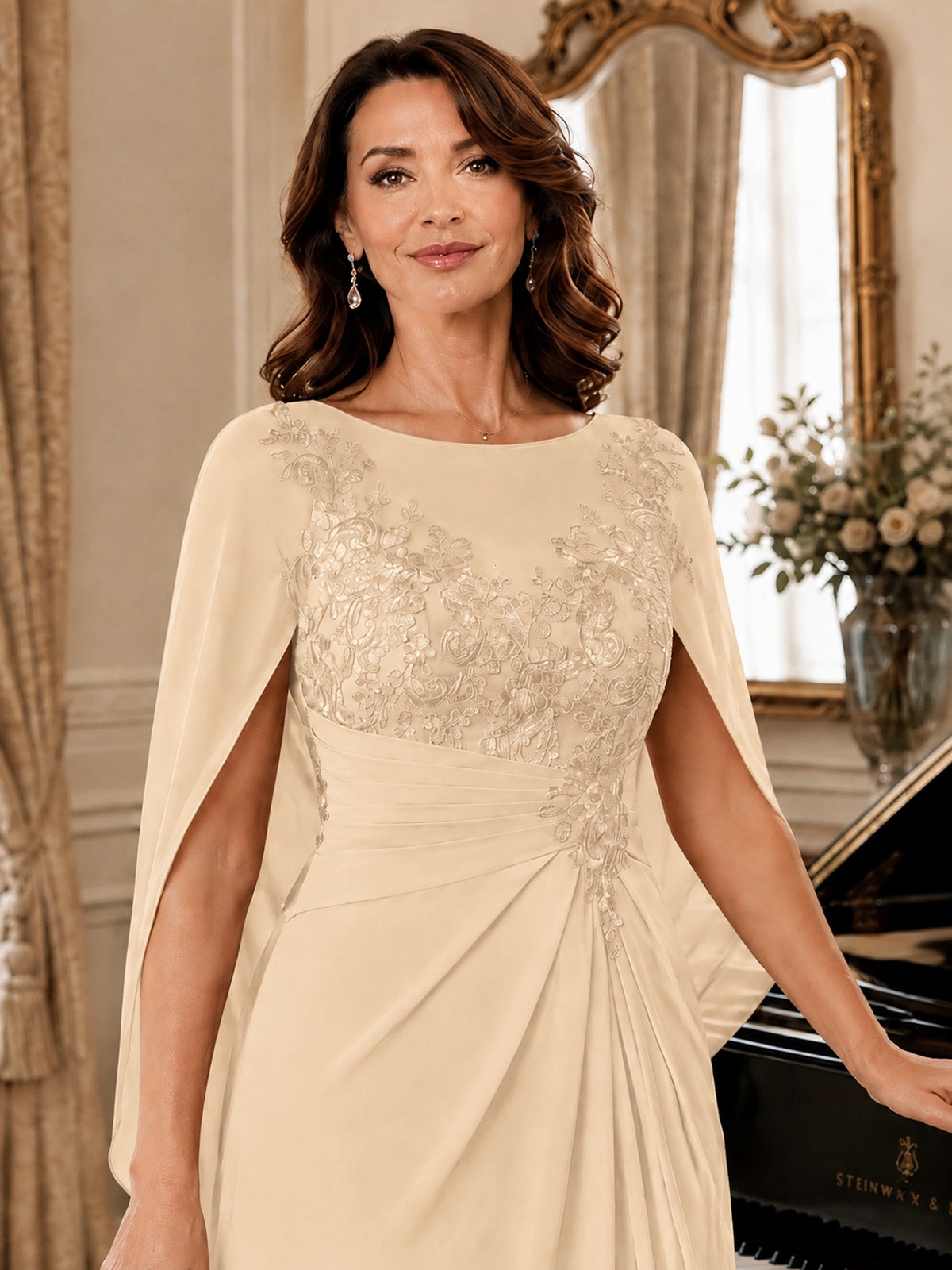 Elegant Applique Chiffon Mother of the Bride Dress with Cape Sleeves